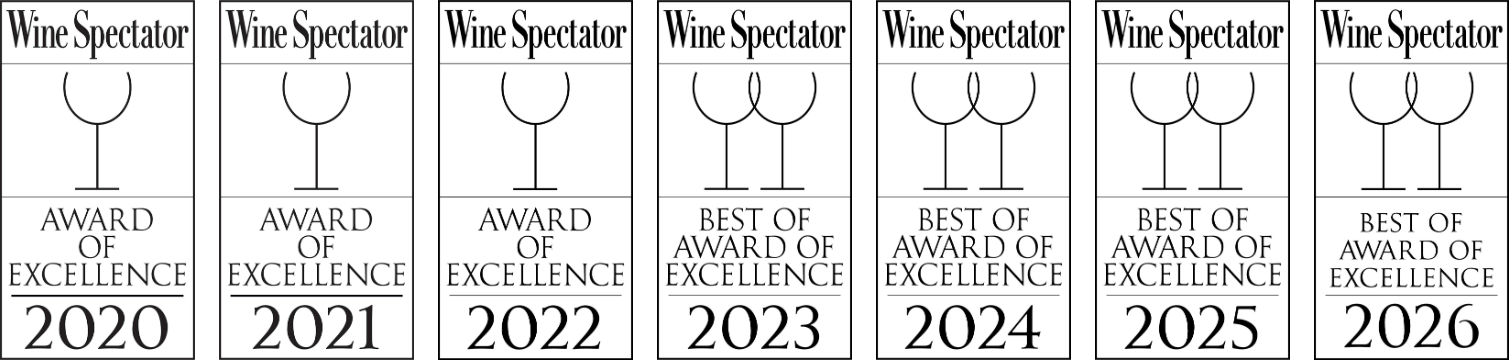 Wine Spectator Award of Excellence 2020, 2021, 2022 en Best of Award of Excellence 2023, 2024, 2025, 2026